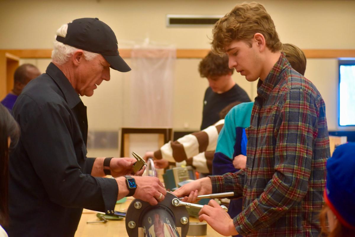 Super Sonic Ping Pong Launch! Final tweaks to the launcher during the last day of Half-Block. Photo by Karuna Abe ’20